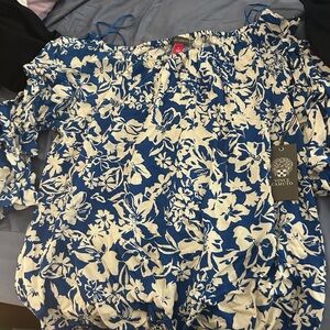 Vince Camuto Floral Top in Blue and Cream